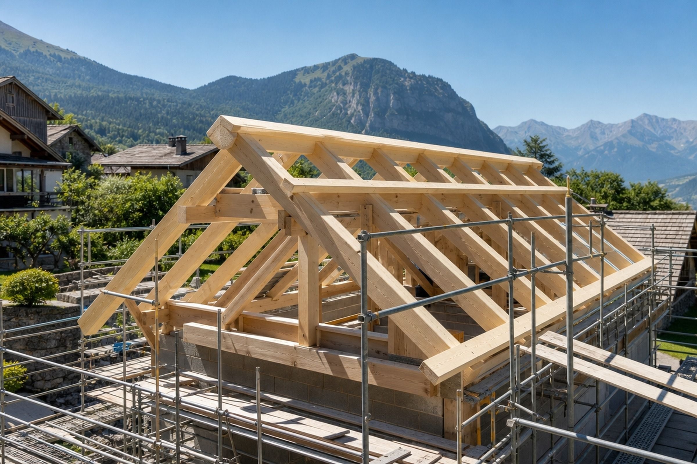 Charpente neuve en cours de levage sur une maison, entourée d’échafaudages
