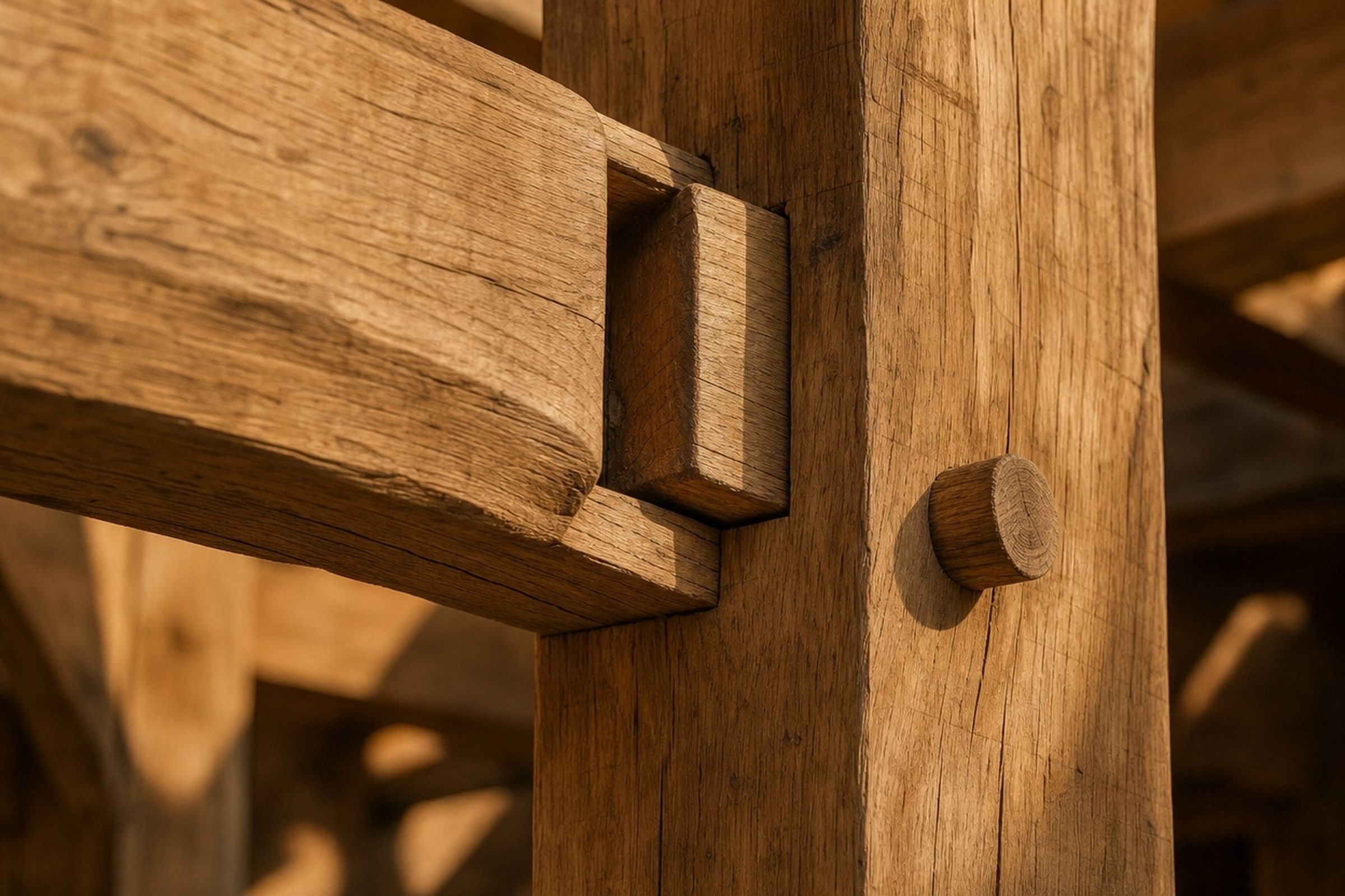 Gros plan d’un assemblage tenon-mortaise en chêne, bloqué par une cheville en bois