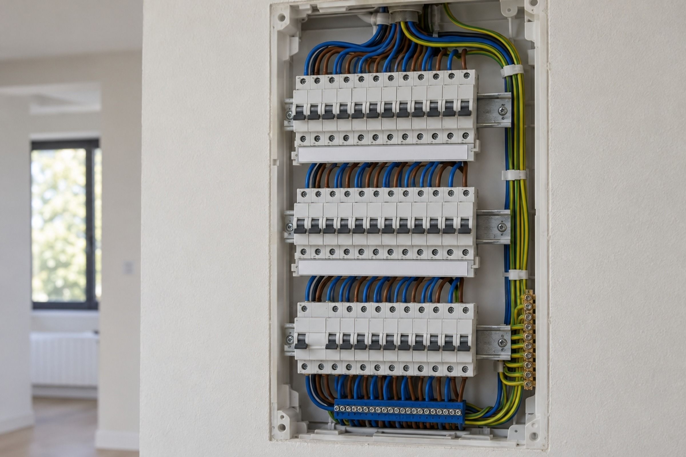 Tableau électrique neuf encastré dans un mur blanc : rangées de disjoncteurs et câbles soigneusement peignés