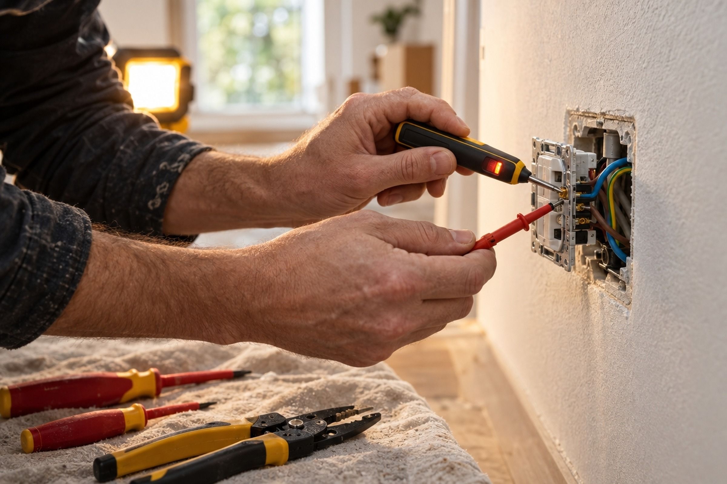 Mains d’un électricien vérifiant une prise murale ouverte avec un testeur, tournevis et pince posés sur une bâche