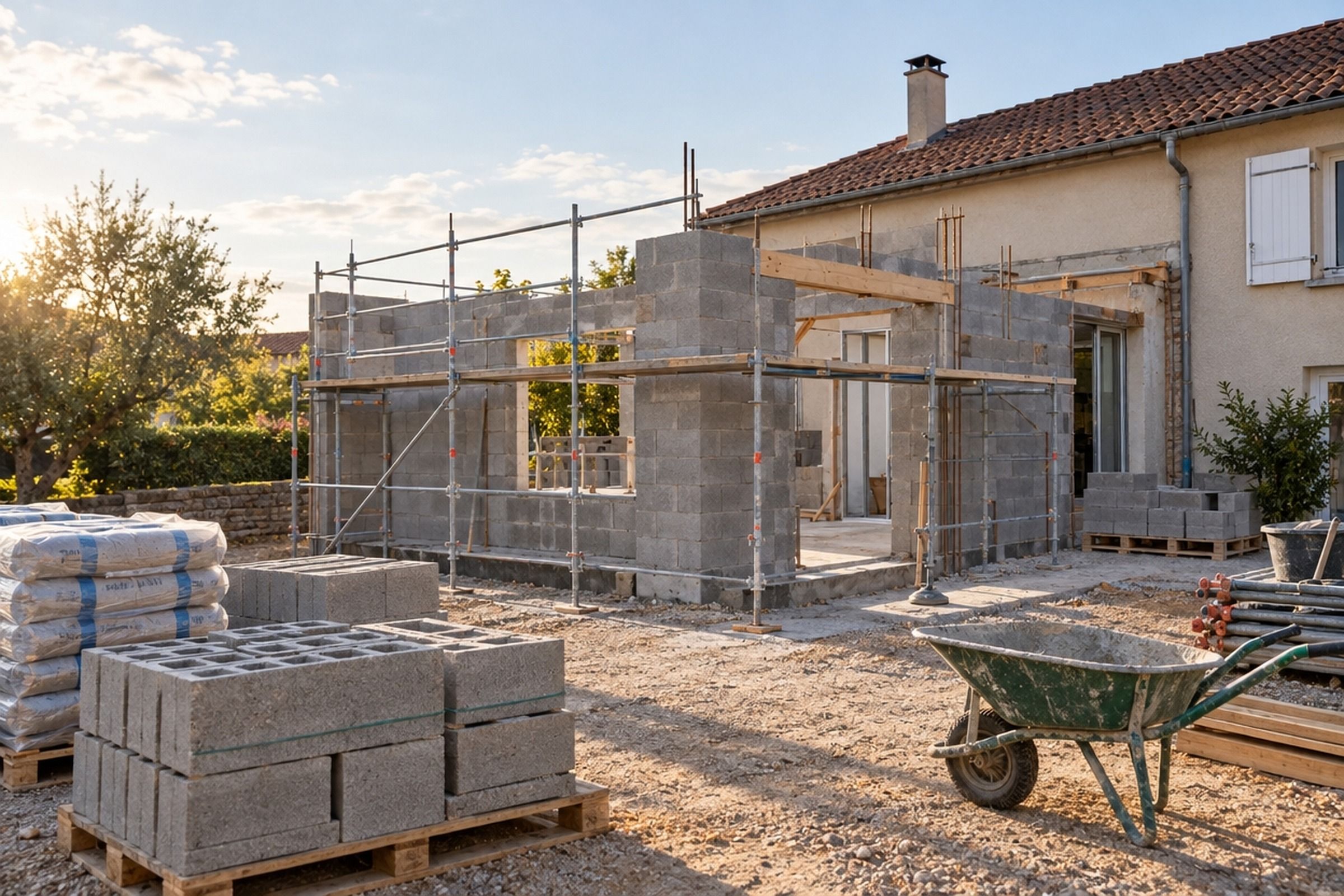 Extension en blocs béton en cours d’élévation contre une maison, échafaudages et palettes de matériaux