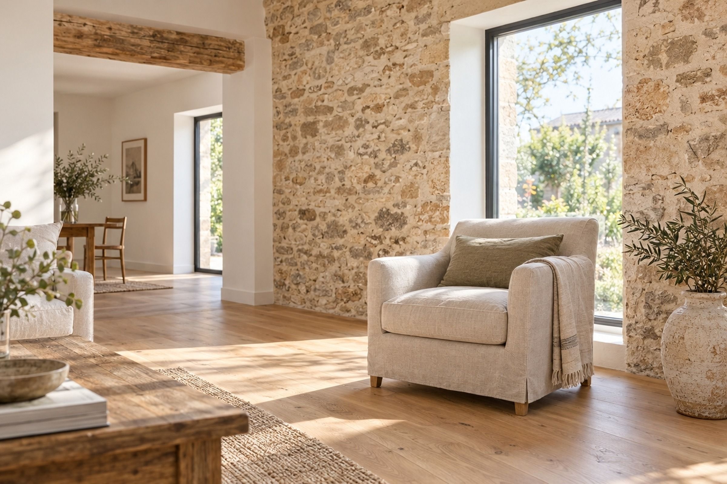 Séjour lumineux rénové, mur en pierre apparente, grande baie vitrée et parquet de chêne