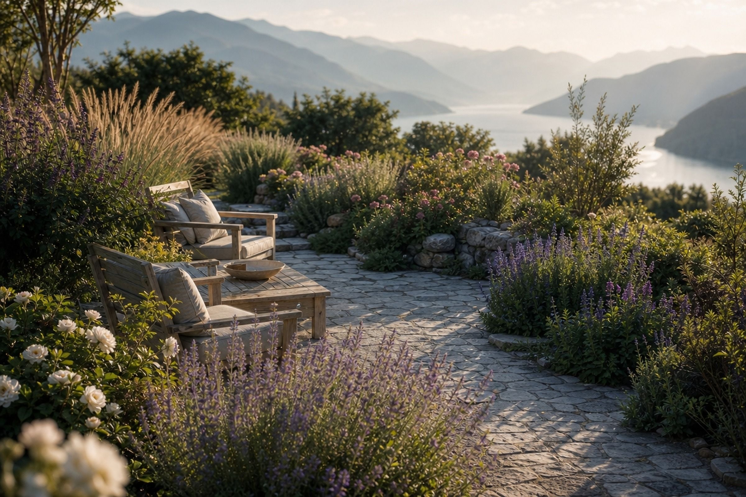 Terrasse en pierre avec deux fauteuils en bois, entourée de lavandes et de rosiers, face au lac et aux montagnes.