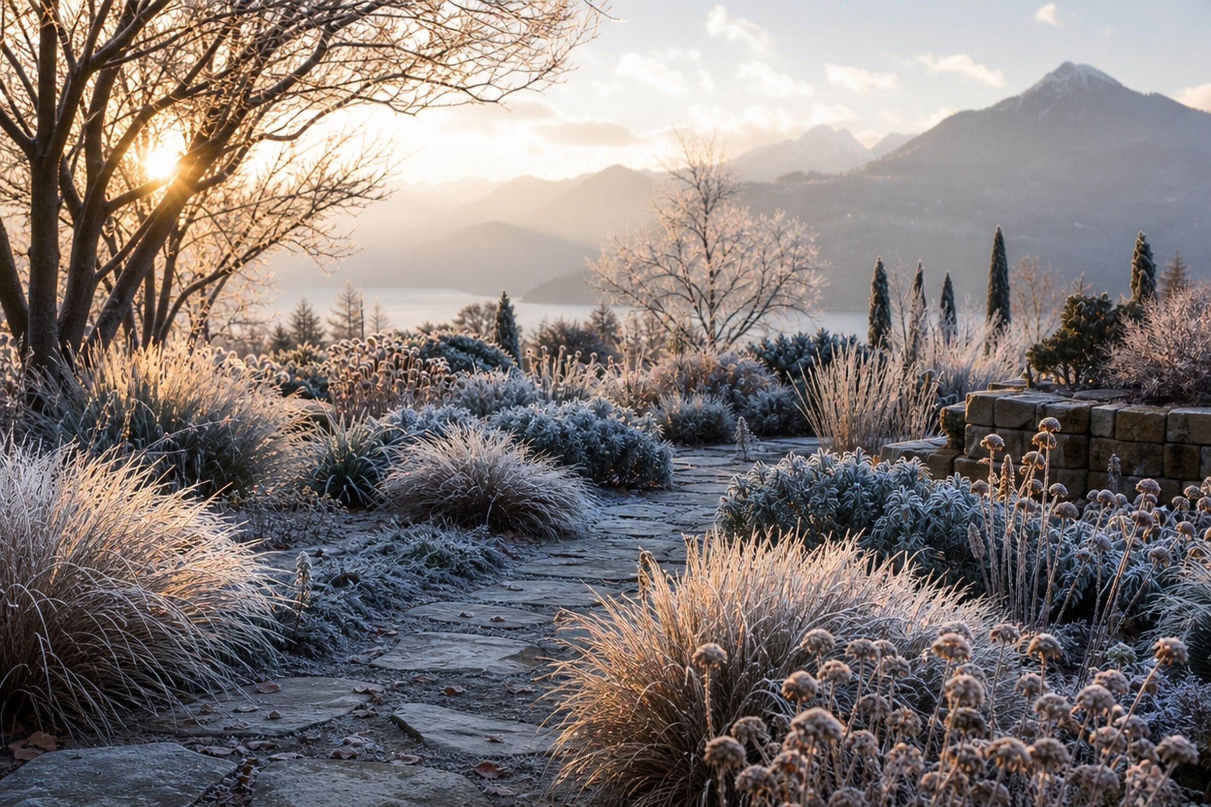 Jardin en hiver : graminées et vivaces couvertes de givre le long d’une allée en pierre, au lever du soleil.